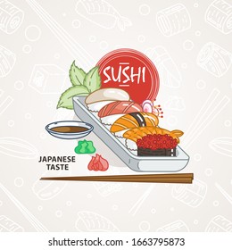 Sushi. Japanese food. Rolls with fish and caviar on eco plate, chopsticks, ginger and soy sauce. Delicious vector illustraton for restaurant and bar menu, booklets or prints