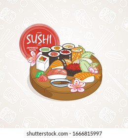 Sushi. Japanese food. Rolls with fish and caviar on eco plate, chopsticks, ginger and soy sauce. Delicious vector illustration for restaurant and bar menu, booklets or prints