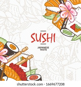 Sushi. Japanese food. Rolls with fish and caviar on eco plate, chopsticks, ginger and soy sauce. Delicious vector illustraton for restaurant and bar menu, booklets or prints