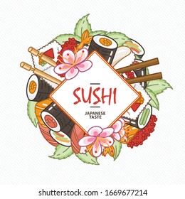 Sushi. Japanese food. Rolls with fish and caviar on eco plate, chopsticks, ginger and soy sauce. Delicious vector illustraton for restaurant and bar menu, booklets or prints