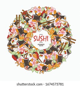 Sushi. Japanese food. Rolls with fish and caviar on eco plate, chopsticks, ginger and soy sauce. Delicious vector illustraton for restaurant and bar menu, booklets or prints