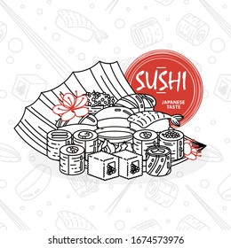 Sushi. Japanese food. Rolls with fish and caviar on eco plate, chopsticks, ginger and soy sauce. Delicious vector illustraton for restaurant and bar menu, booklets or prints