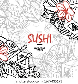 Sushi. Japanese food. Rolls with fish and caviar on eco plate, chopsticks, ginger and soy sauce. Delicious vector illustraton for restaurant and bar menu, booklets or prints