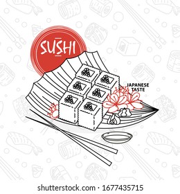 Sushi. Japanese food. Rolls with fish and caviar on eco plate, chopsticks, ginger and soy sauce. Delicious vector illustraton for restaurant and bar menu, booklets or prints