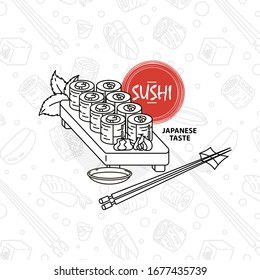 Sushi. Japanese food. Rolls with fish and caviar on eco plate, chopsticks, ginger and soy sauce. Delicious vector illustraton for restaurant and bar menu, booklets or prints