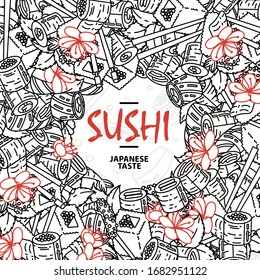 Sushi. Japanese food. Rolls with fish and caviar on eco plate, chopsticks, ginger and soy sauce. Delicious vector illustraton for restaurant and bar menu, booklets or prints