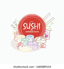 Sushi. Japanese food. Rolls with fish and caviar on eco plate, chopsticks, ginger and soy sauce. Delicious vector illustraton for restaurant and bar menu, booklets or prints