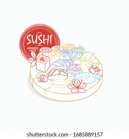 Sushi. Japanese food. Rolls with fish and caviar on eco plate, chopsticks, ginger and soy sauce. Delicious vector illustraton for restaurant and bar menu, booklets or prints