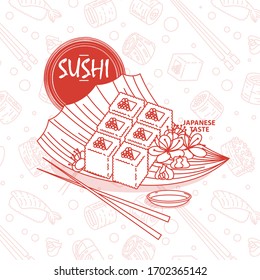 Sushi. Japanese food. Rolls with fish and caviar on eco plate, chopsticks, ginger and soy sauce. Delicious vector illustraton for restaurant and bar menu, booklets or prints