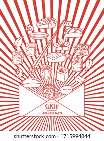 Sushi. Japanese food. Rolls with fish and caviar on eco plate, chopsticks, ginger and soy sauce. Delicious vector illustraton for restaurant and bar menu, booklets or prints