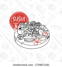 Sushi. Japanese food. Rolls with fish and caviar on eco plate, chopsticks, ginger and soy sauce. Delicious vector illustraton for restaurant and bar menu, booklets or prints