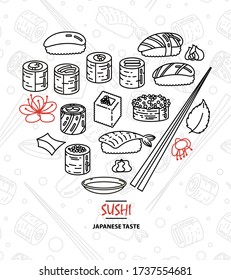 Sushi. Japanese food. Rolls with fish and caviar on eco plate, chopsticks, ginger and soy sauce. Delicious vector illustraton for restaurant and bar menu, booklets or prints