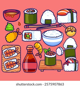 Sushi Japanese Food Set Cartoon Vector Icon Illustration. Food 
Object Icon Concept Isolated Premium Vector. Flat Cartoon 
Style 