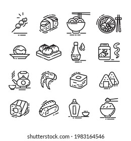 Sushi Japanese Food Sign Thin Line Icon Set Include of Roll, Rice, Sashimi, Sake and Noodle. Vector illustration of Icons