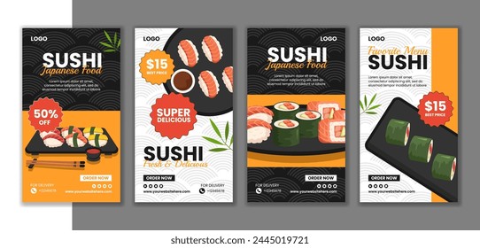 Sushi Japanese Food Social Media Stories Flat Cartoon Hand Drawn Templates Background Illustration