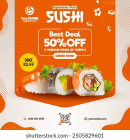 Sushi Comida japonesa en redes sociales post Vector Anuncio Plantilla