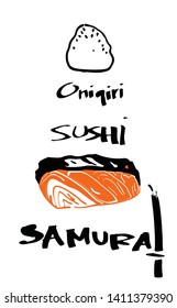 sushi Japanese food style with raw fresh material ingredients with text brush and sword illustrate
