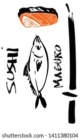 sushi Japanese food style with raw fresh material ingredients with text brush and sword illustrate