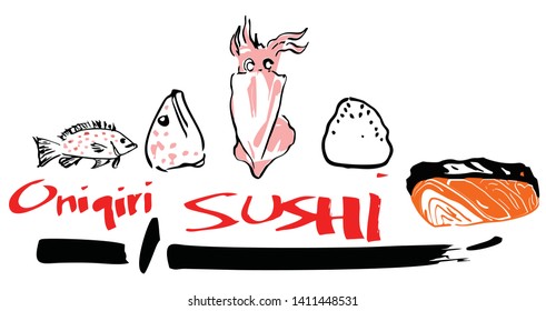 sushi Japanese food style with raw fresh material ingredients with text brush and sword illustrate
