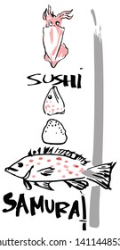 sushi Japanese food style with raw fresh material ingredients with text brush and sword illustrate
