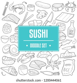 Sushi Japanese Food Traditional Doodle Icons Sketch Hand Made Design Vector