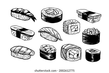 Sushi, japanese food, Vector hand drawn set japanese food illustration 
