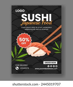 Sushi Japonés Vertical de Alimentos Cartel Dibujo Animado Plano Dibujado A Mano Plantillas Ilustración De Fondo