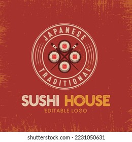 Sushi Japanese Food Vintage Logo Template. Sushi House Logo Retro Concept. 