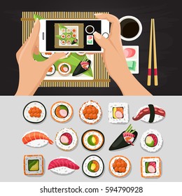 
Sushi, Japanese food.Sushi rolls flat food and japanese seafood sushi rolls. Asia cuisine restaurant delicious.Photos food. Sushi roll with salmon, smoked eel, selective food vector.
