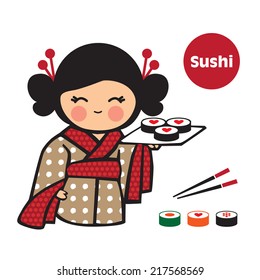 Sushi. Japanese girl with traditional food. Symbol. Restaurant menu. Sketch, design elements, hand drawn. Vector illustration.