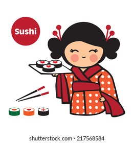 Sushi. Japanese girl with traditional food. Symbol. Restaurant menu. Sketch, design elements, hand drawn. Vector illustration.