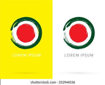 Sushi, Japanese restaurant, designed using grunge brush, using red circle on white background look like japan flag, logo, symbol, icon, graphic, vector.