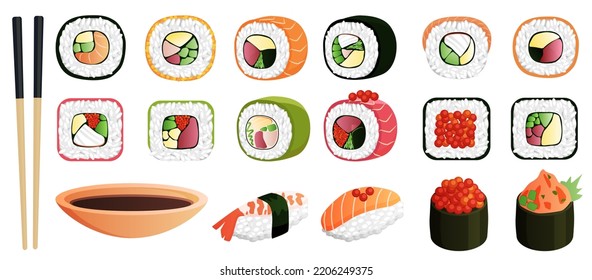 Sushi, Japanese restaurant menu vector illustration. Cartoon isolated Asian food, bamboo chopsticks and gourmet sashimi, rolls, maki and nigiri with rice and shrimp, salmon and tuna, caviar and nori