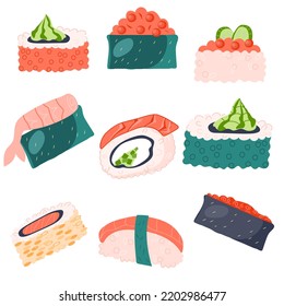 Sushi Japanese seafood icons or symbols collection. Sushi and roll pieces set vector illustration isolated on white background.