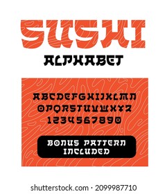 Alfabeto estilizado sushi japonés. El salmón filmaba peces como un patrón. Tipo de letra de estilo asiático. Tipo de letra escrito a mano inspirado en jeroglífico. Tipo de letra del logotipo del restaurante del bar del Sushi