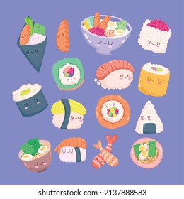 sushi kawaii cartoon icons set