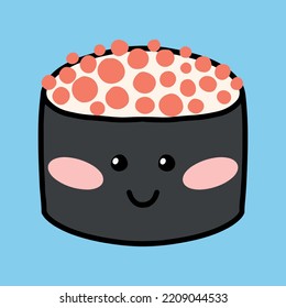 Sushi in kawaii style. Cute Japanese sushi with a smile. Vector illustration. Cartoon style. Logo for a sushi restaurant. Funny Sushi Character.
