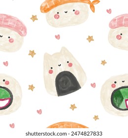 Sushi kawaii watercolor food seamless pattern with. Hand drawn kids fabric and textile design