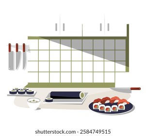 Sushi Kitchen With Knives, Rolling Mat, And Fresh Sushi In Flat Vector Illustration Symbolizing Japanese Cuisine, Culinary Preparation, And Traditional Food, Isolated On White Background