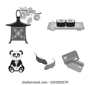 Sushi, koi fish, Japanese lantern, panda.Japan set collection icons in monochrome style vector symbol stock illustration web.