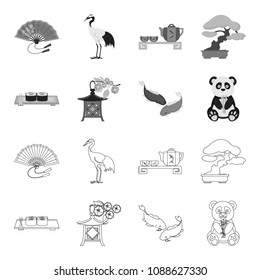 Sushi, koi fish, Japanese lantern, panda.Japan set collection icons in outline,monochrome style vector symbol stock illustration web.