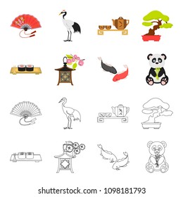 Sushi, koi fish, Japanese lantern, panda.Japan set collection icons in cartoon,outline style vector symbol stock illustration web.