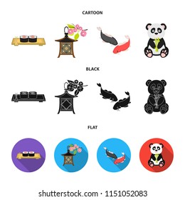 Sushi, koi fish, Japanese lantern, panda.Japan set collection icons in cartoon,black,flat style vector symbol stock illustration web.