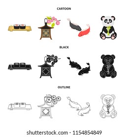 Sushi, koi fish, Japanese lantern, panda.Japan set collection icons in cartoon,black,outline style vector symbol stock illustration web.
