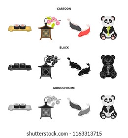 Sushi, koi fish, Japanese lantern, panda.Japan set collection icons in cartoon,black,monochrome style vector symbol stock illustration web.