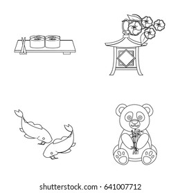 Sushi, koi fish, Japanese lantern, panda.Japan set collection icons in monochrome style vector symbol stock illustration web.
