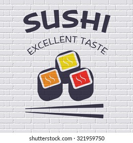 Sushi label template of emblem element for your product or design, web and mobile applications with text. Vector illustration with thin lines isolated icons on stamp symbol