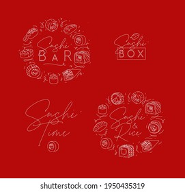 Sushi labels in line style drawing on red background