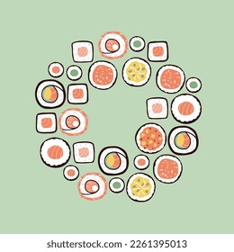 sushi laid out in the shape of a wreath. traditional food. hand drawn vector illustration in flat style