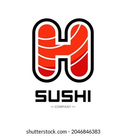 Sushi letter H vector logo design. Suitable for restaurant or bar sushi,  emblem of Japanese food with icon shape of sushi, label or sticker initial.